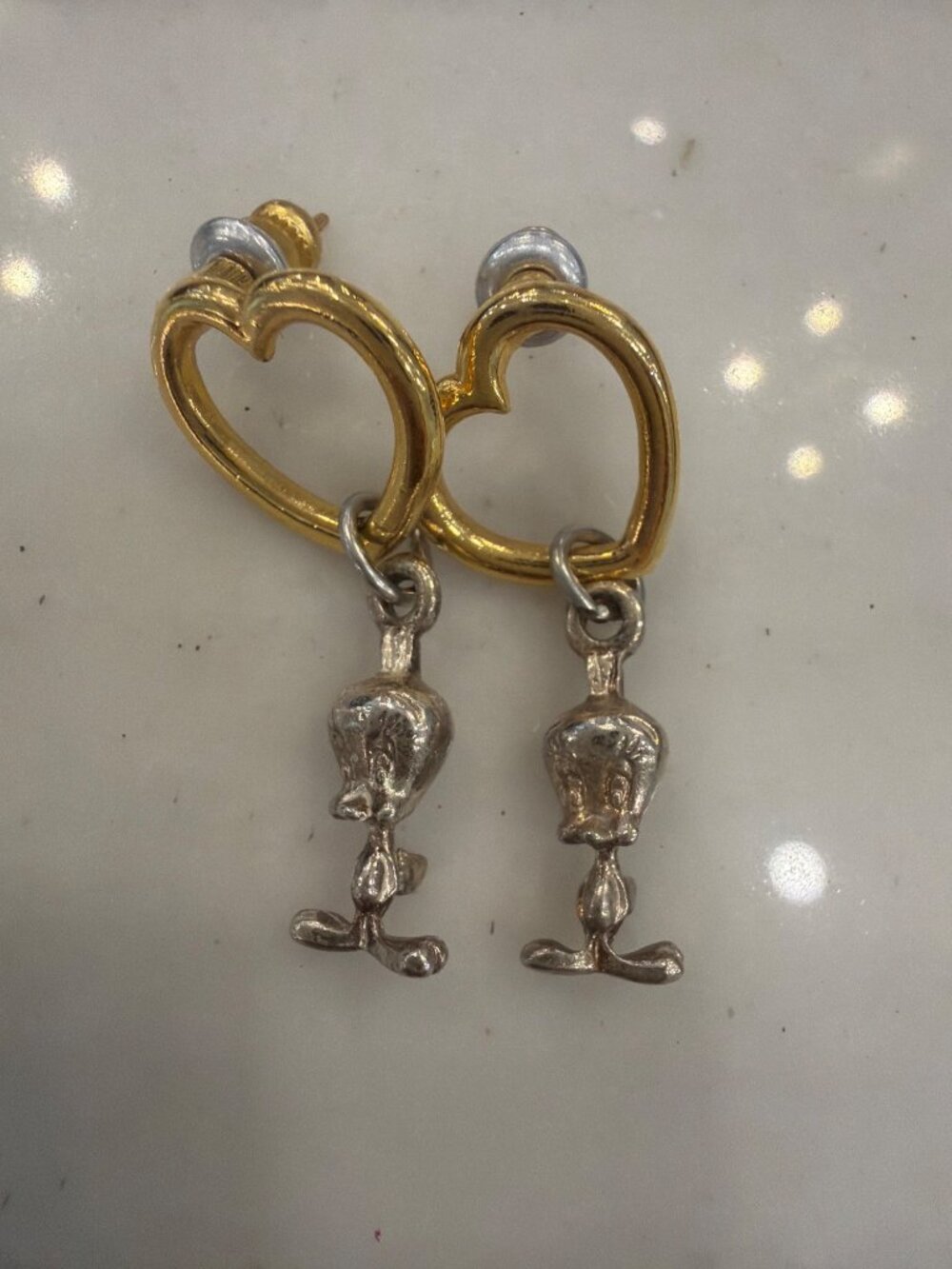 Tweety Bird Looney Tunes Gold & Silver Heart Earrings Dangle Style Cartoon Chara